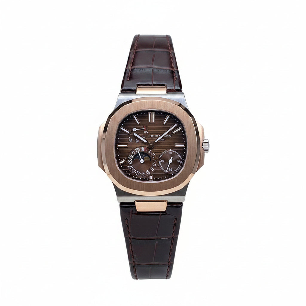 Patek Philippe Nautilus 5712 – Two-Tone Steel Rose Gold Brown Dial Moon Phase Power Reserve Small Seconds Crocodile Strap