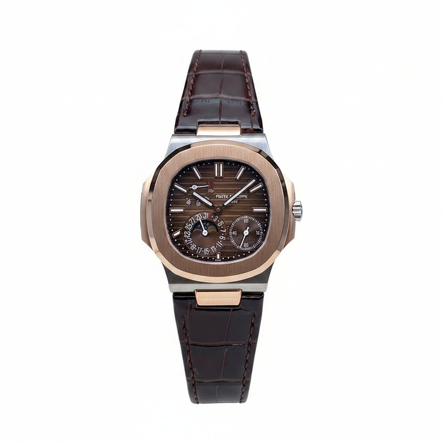 Patek Philippe Nautilus 5712 – Two-Tone Steel Rose Gold Brown Dial Moon Phase Power Reserve Small Seconds Crocodile Strap
