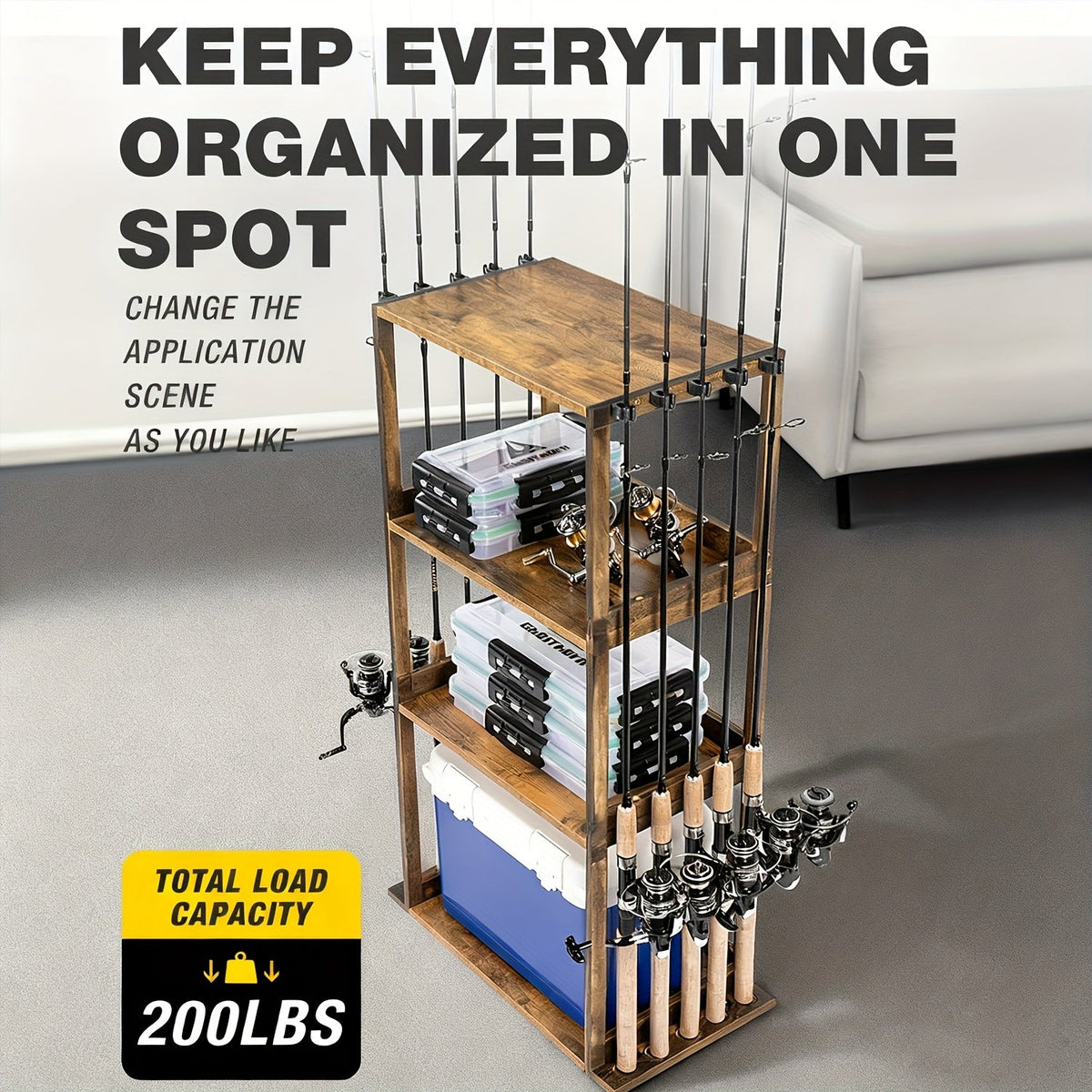 Fishing Rod Holder for Garage Wall Storage, Wooden Rack for Up to Ten Rods with Tackle and Gear Organization