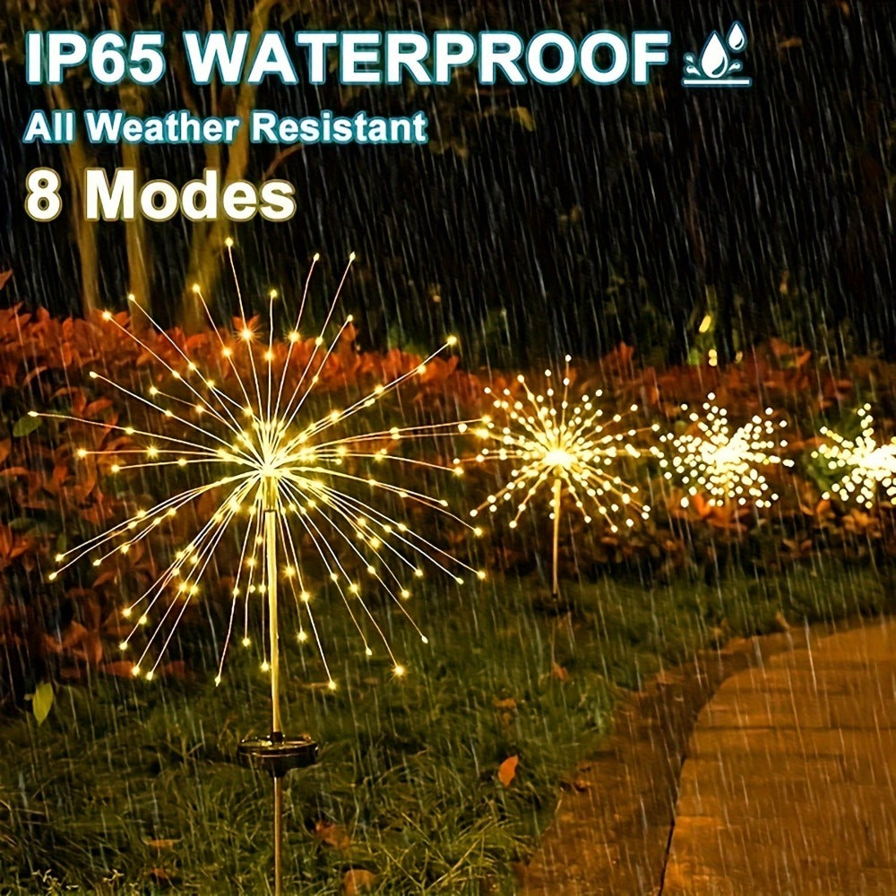 Solar Garden Lights, Four-Pack Firework-Style Outdoor Stakes with Eight Modes and Multicolor LEDs