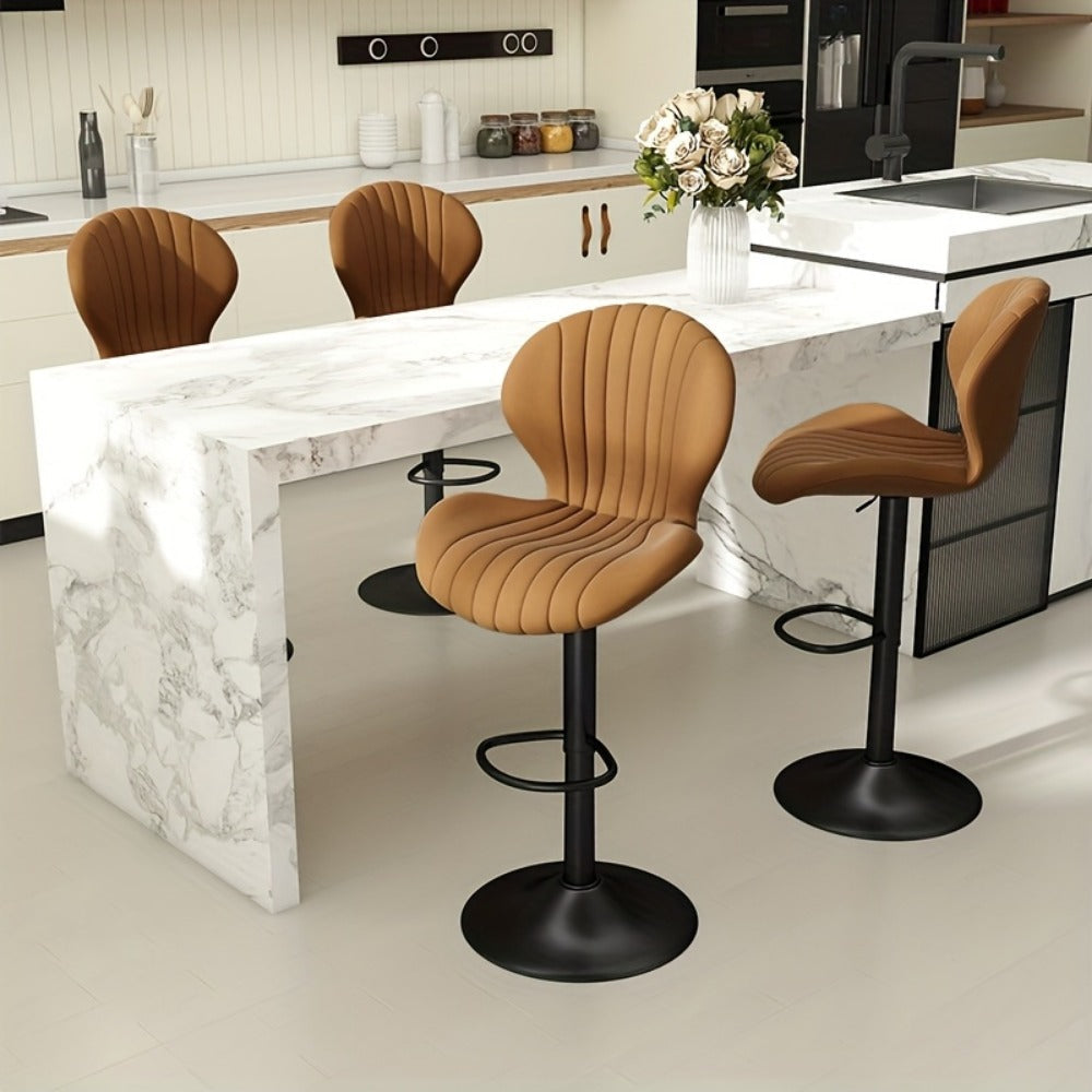 Bar Stool Faux Leather Adjustable Swivel Seat with Shell Back, Footrest, Five Colors and Sets of 1 to 4
