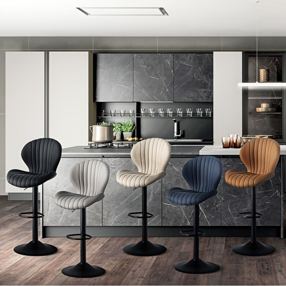 Bar Stool Faux Leather Adjustable Swivel Seat with Shell Back, Footrest, Five Colors and Sets of 1 to 4