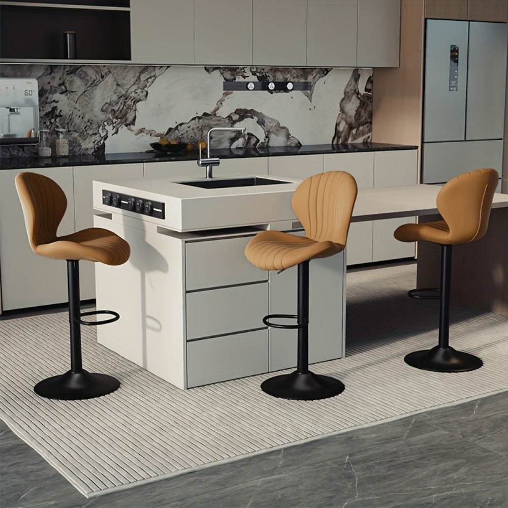 Bar Stool Faux Leather Adjustable Swivel Seat with Shell Back, Footrest, Five Colors and Sets of 1 to 4