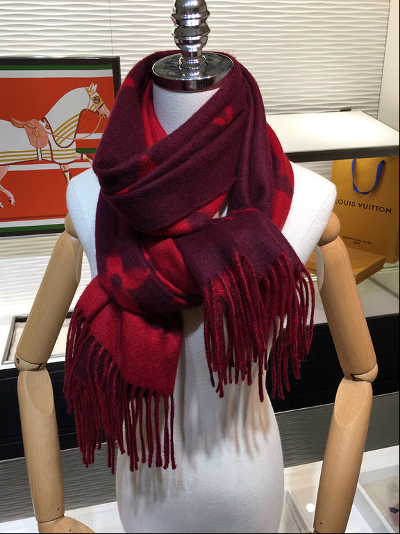 Louis Vuitton 100% Cashmere Monogram Scarf – Burgundy & Red