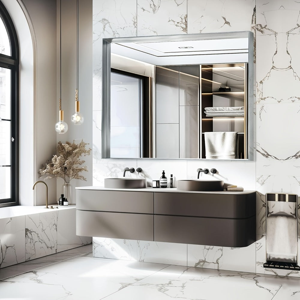Bathroom Mirror with Rectangular Metal Frame, Horizontal or Vertical Wall Mounting in Three Finishes