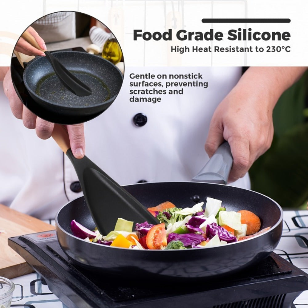 Silicone Cooking Spoon with Wooden Handle 12 Inch - Heat Resistant Nonstick Safe Kitchen Spoon for Cooking Serving Mixing Scraping