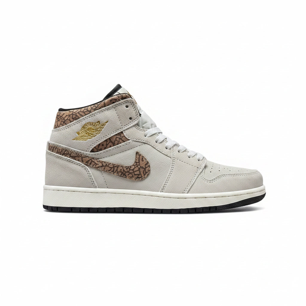 Air Jordan 1 Mid SE Elephant Print – Light Bone / Brown / Gold