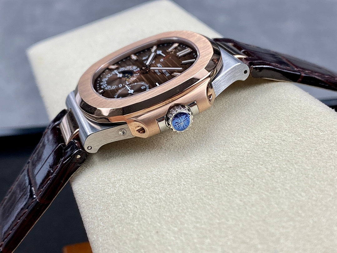 Patek Philippe Nautilus 5712 – Two-Tone Steel Rose Gold Brown Dial Moon Phase Power Reserve Small Seconds Crocodile Strap