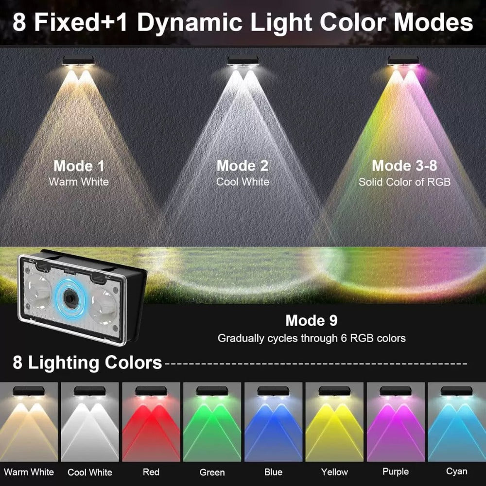 Solar Garden Light, Fence Wall Fixtures 9 Modes, Dusk Sensor and 4 or 8-Pack for Outdoor Garden Decor