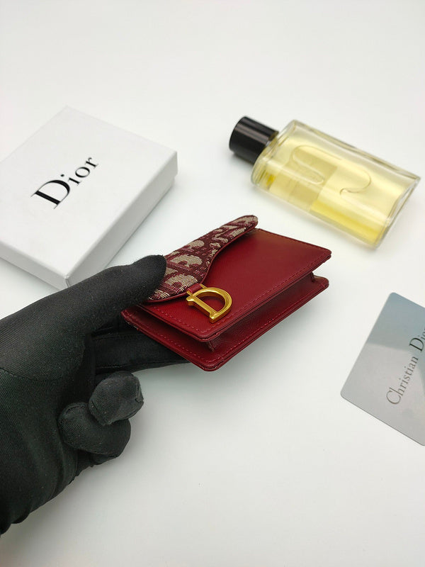 Christian Dior Saddle Card Holder – Oblique Jacquard Burgundy Red