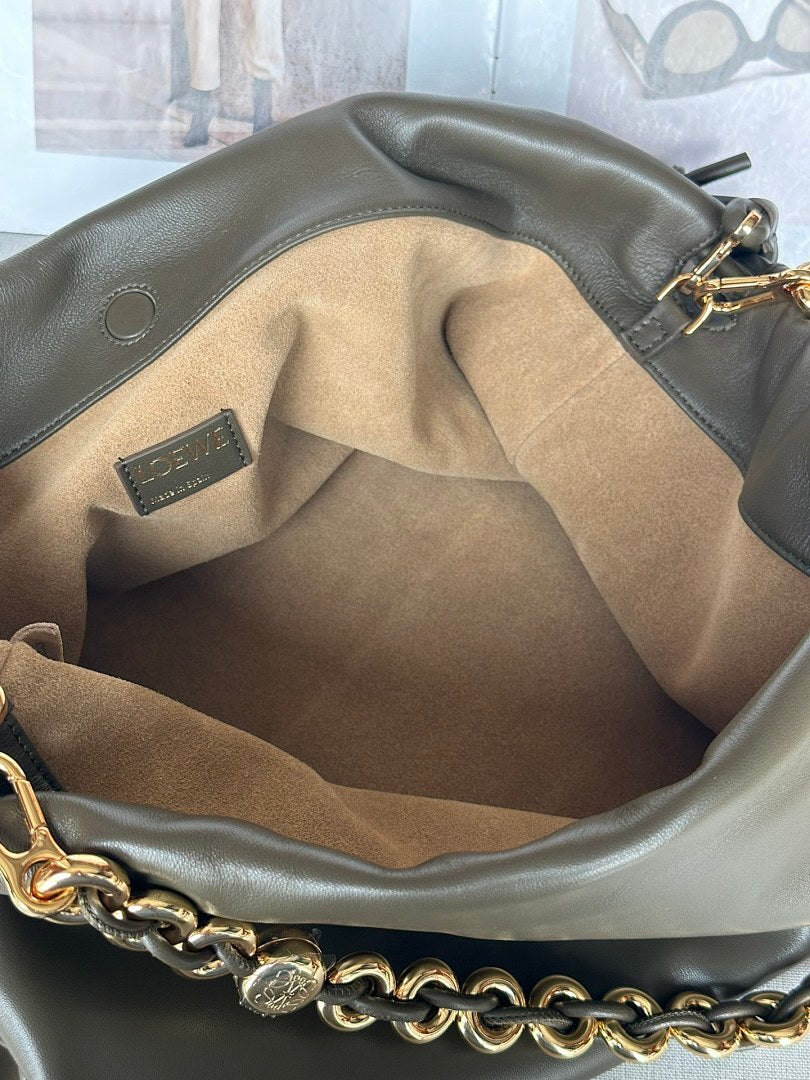 Loewe Flamenco Clutch Large – Khaki Olive Nappa Leather Gold Chain Strap