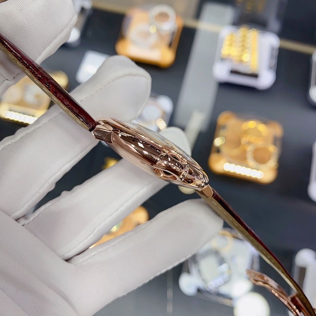 Cartier Ballon Bleu – Rose Gold White Guilloché Dial Roman Numerals Blue Sword Hands Burgundy Crocodile Strap Automatic