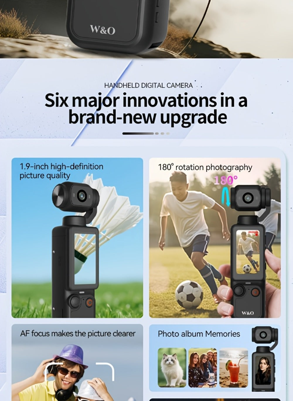 W&O 4K- and 66MP-Labeled Action Camera with 180-Degree Rotating Lens, 32GB Card and Black or White Body