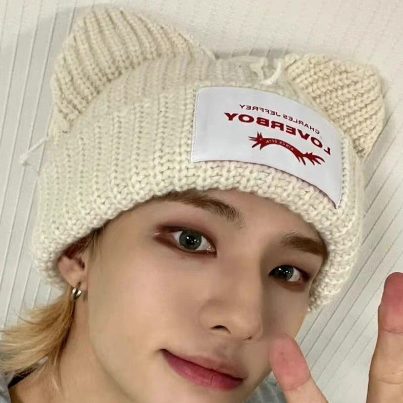 Cute Cat Ears Knitted Beanie - Beige