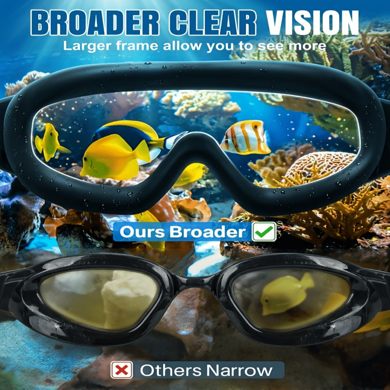 Two-Pack Wide-Lens Swim Goggles with Mirrored Blue-Green Lenses, Adjustable Straps, Case and Accessories