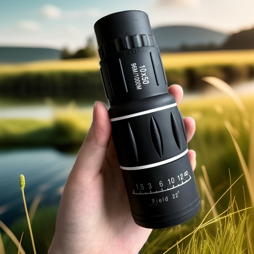 Compact 10x50 Monocular Telescope with Manual Focus, Wrist Cord and 16 cm Pictured Length for Adults