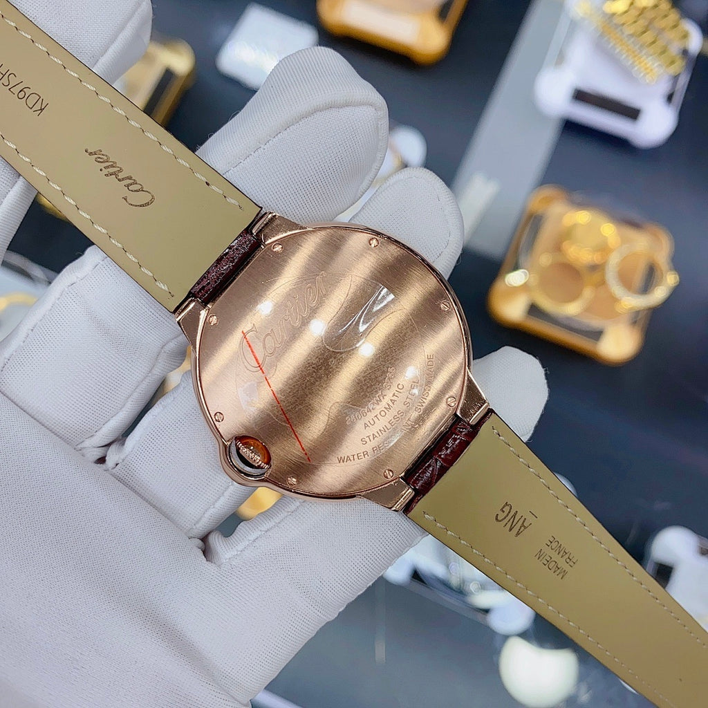 Cartier Ballon Bleu – Rose Gold White Guilloché Dial Roman Numerals Blue Sword Hands Burgundy Crocodile Strap Automatic