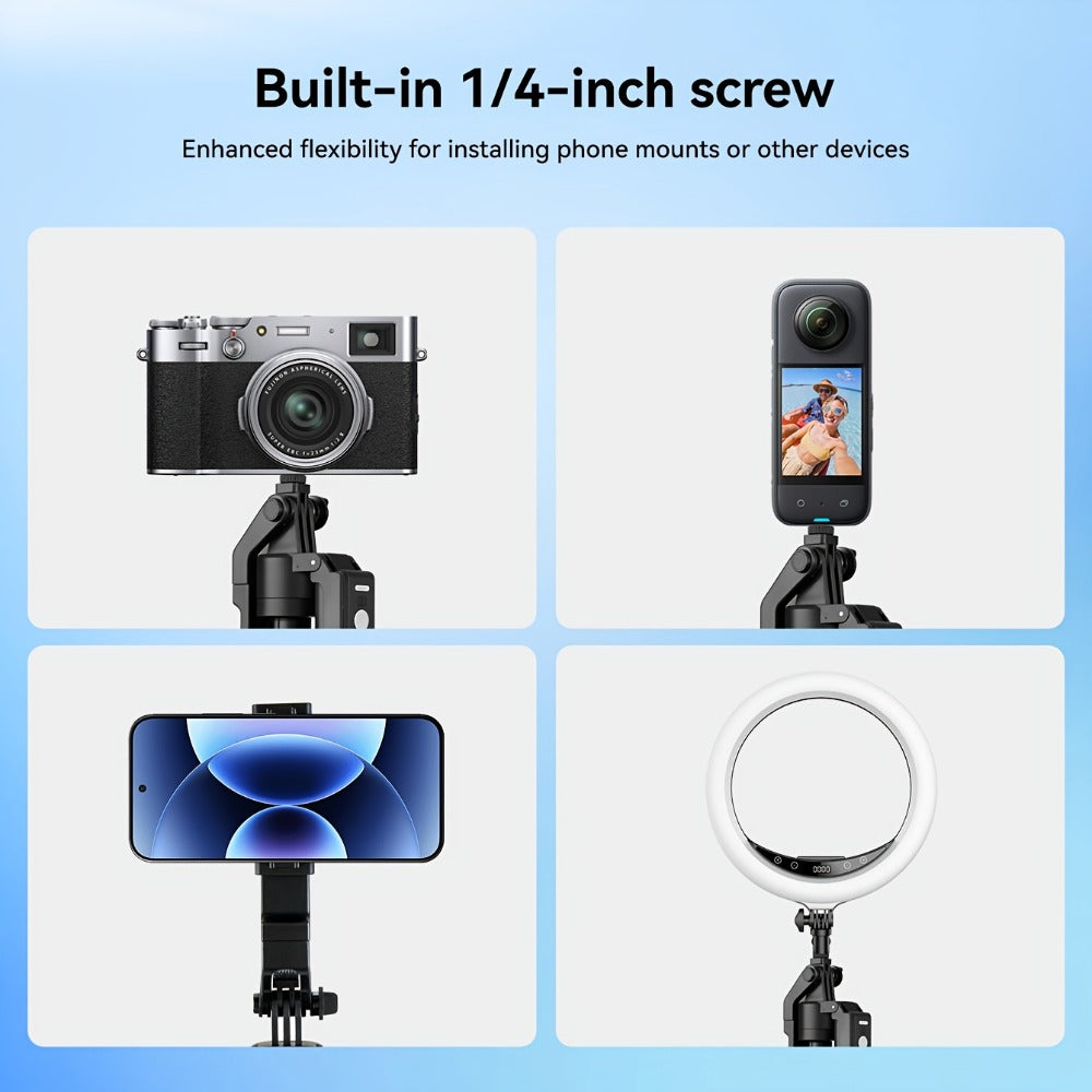 70-Inch Black Tracking Selfie Stick Tripod with Round Fill Light, Floor Base, Remote and Three Light Settings