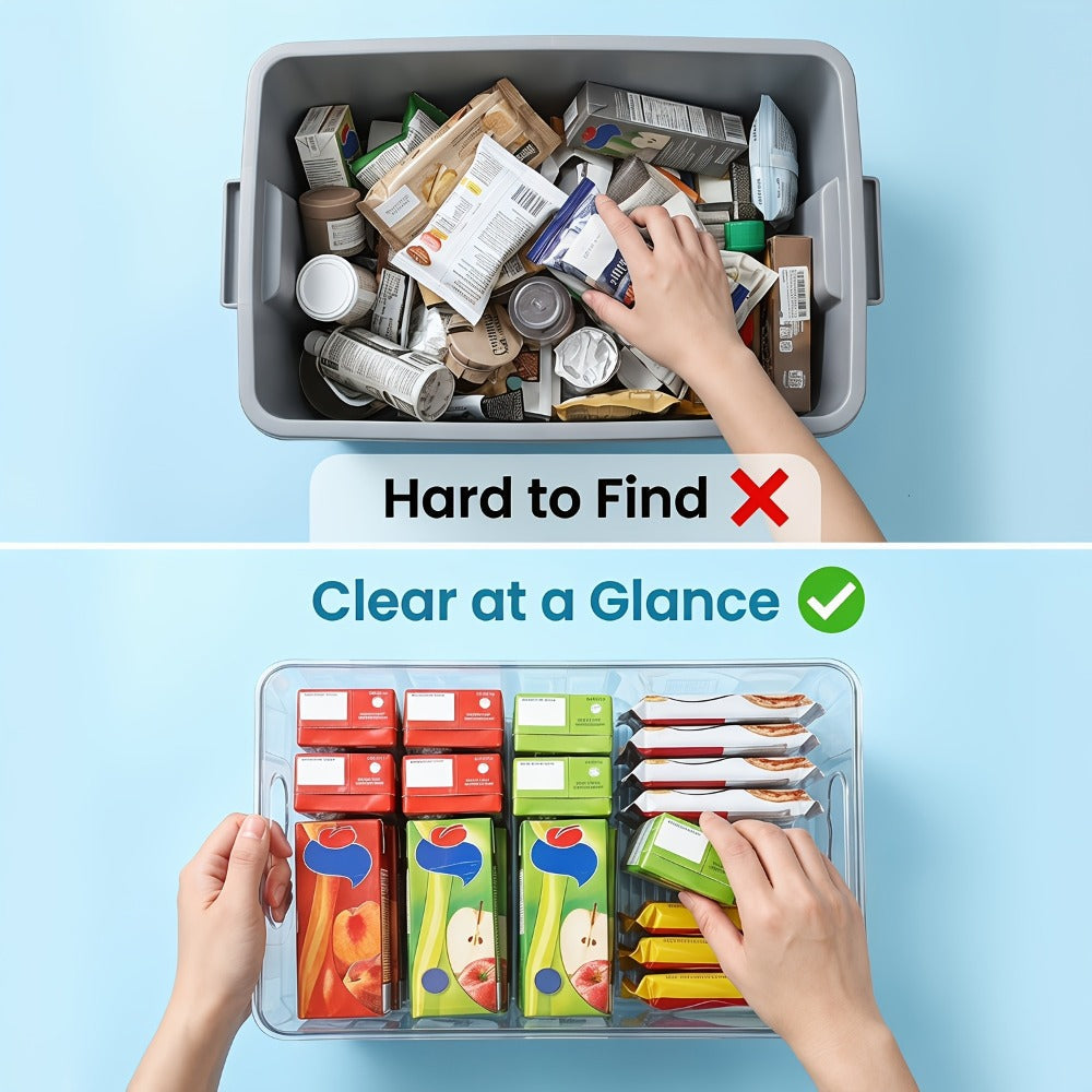 Storage Bins for Home Organization, Six Clear Stackable Containers with Matching Lids and Side Handles
