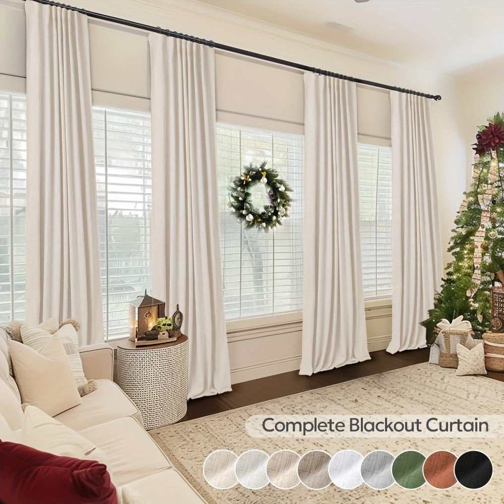 Four Faux Linen Textured Panels with Thermal Insulation and Rod Pockets for Living Room and Bedroom, 100% Blackout Curtains