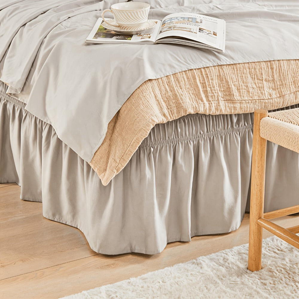 Bed Skirt with Adjustable Elastic Belt - Ruffle Microfiber Dust Ruffle 15 Inch Drop, Hotel Quality, Fade Resistant, Machine Washable, Easy Wrap Fit