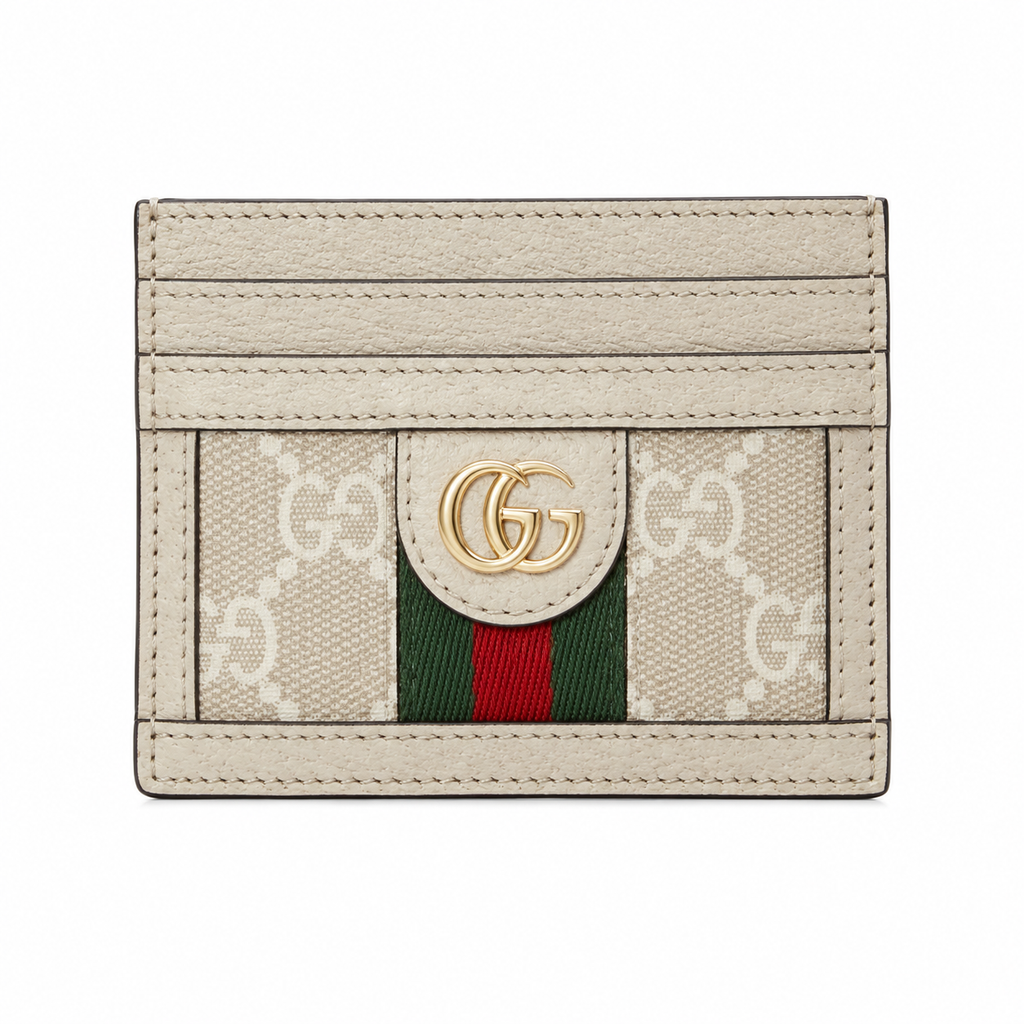 Gucci Ophidia GG Supreme Card Holder – Ivory White Leather Web Stripe Gold GG