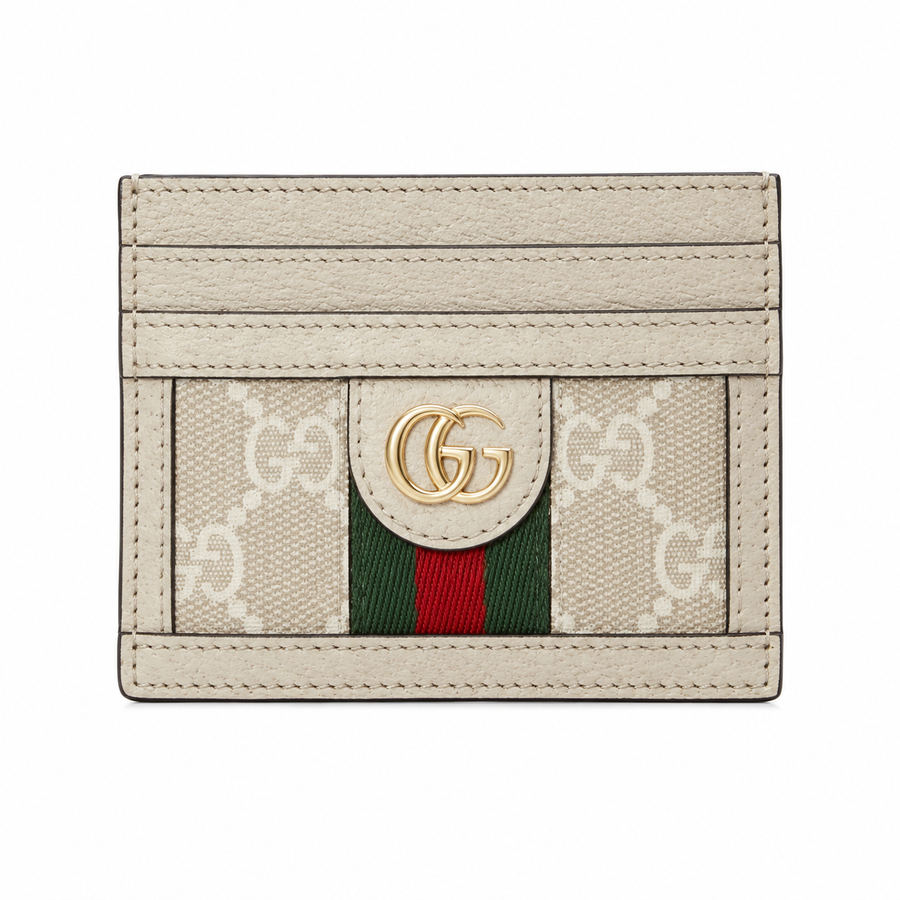 Gucci Ophidia GG Supreme Card Holder – Ivory White Leather Web Stripe Gold GG