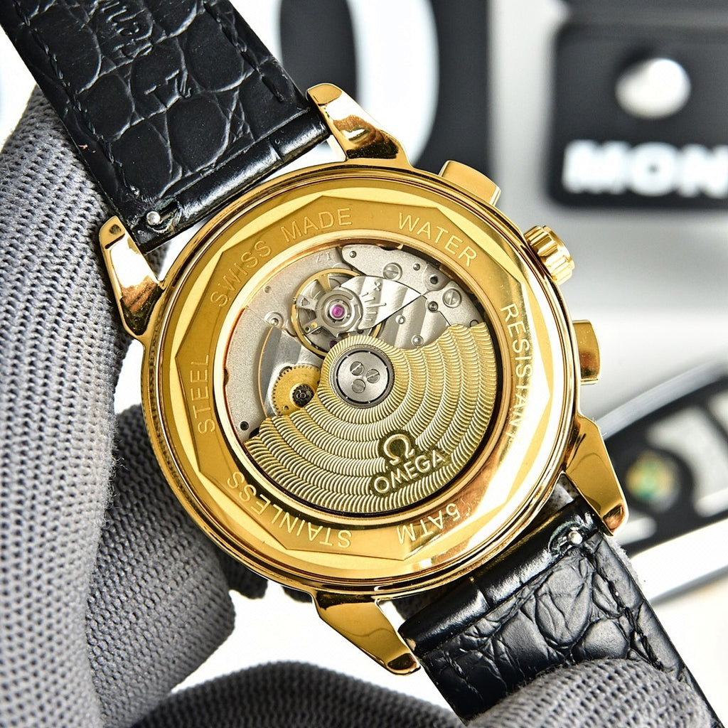 Omega Seamaster Chronograph – Yellow Gold White Dial Gold Sub-Dials Black Chapter Ring Red Script Leather Strap