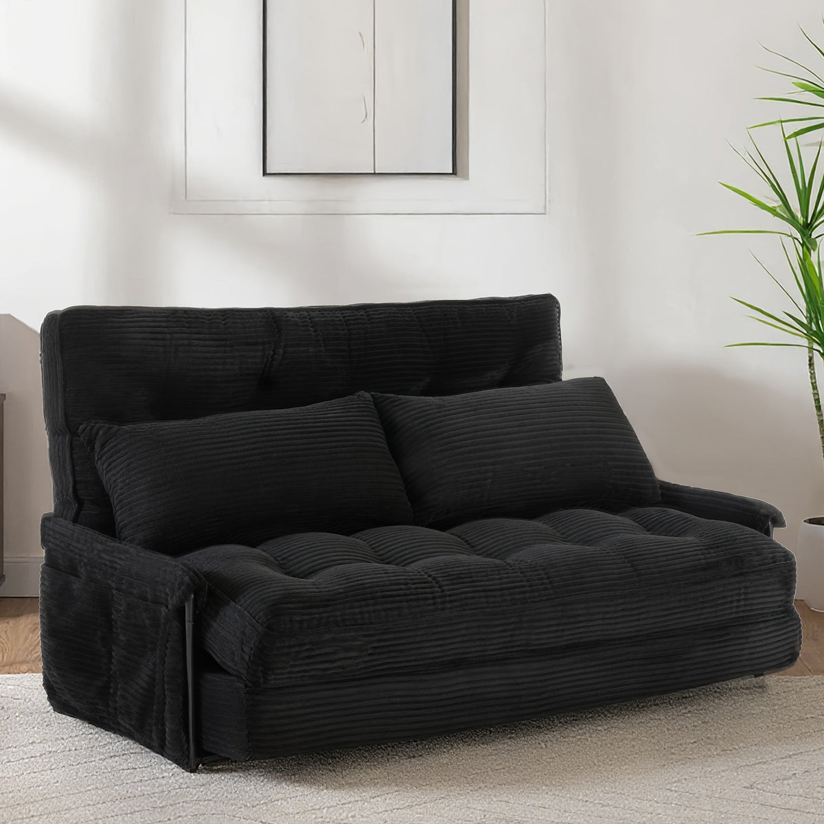 Wide Corduroy Sofa Bed with Fold-Out Lounger, Side Armrests and Five Color Options for Bedrooms