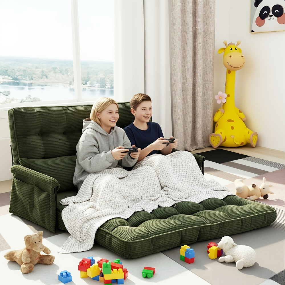 Wide Corduroy Sofa Bed with Fold-Out Lounger, Side Armrests and Five Color Options for Bedrooms