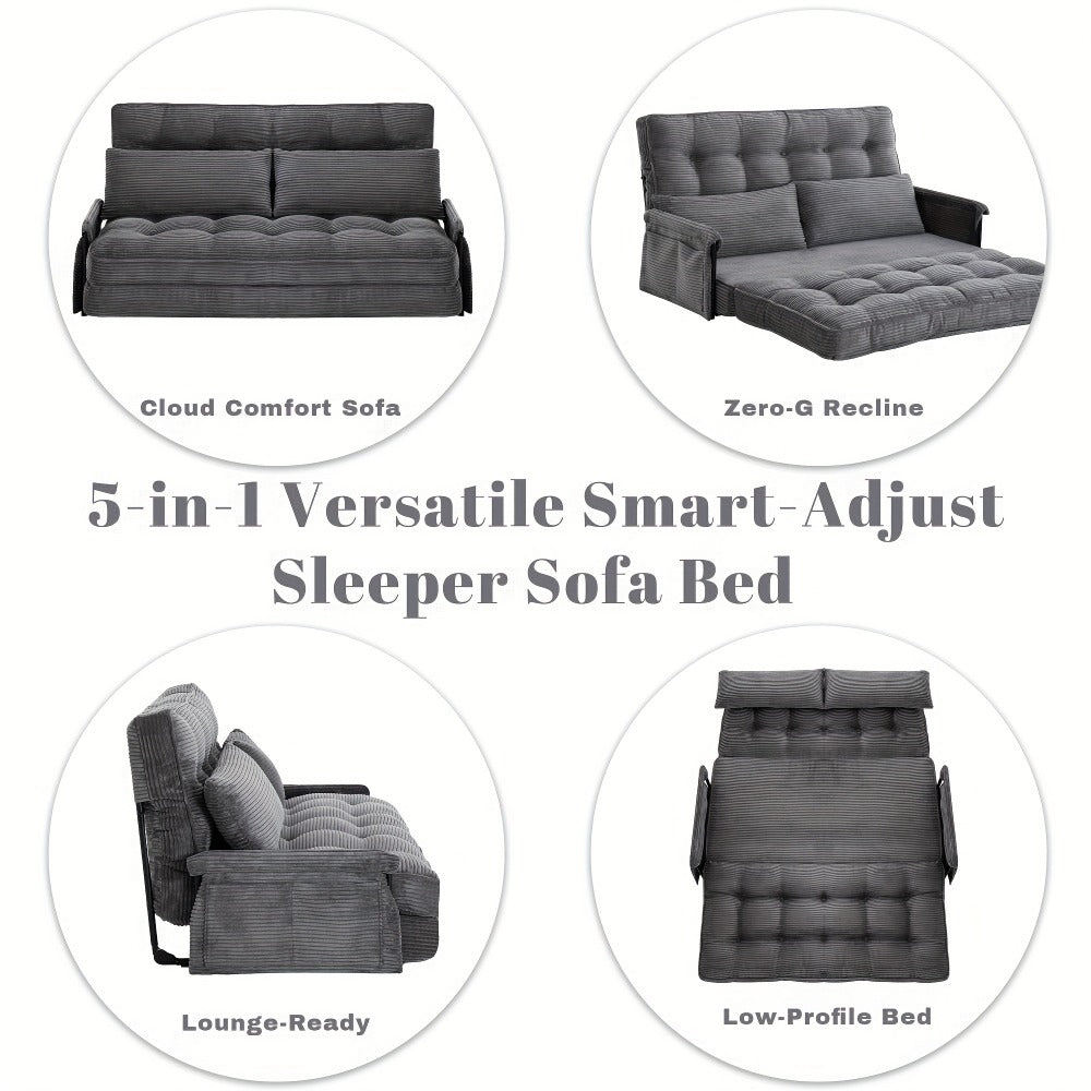 Wide Corduroy Sofa Bed with Fold-Out Lounger, Side Armrests and Five Color Options for Bedrooms