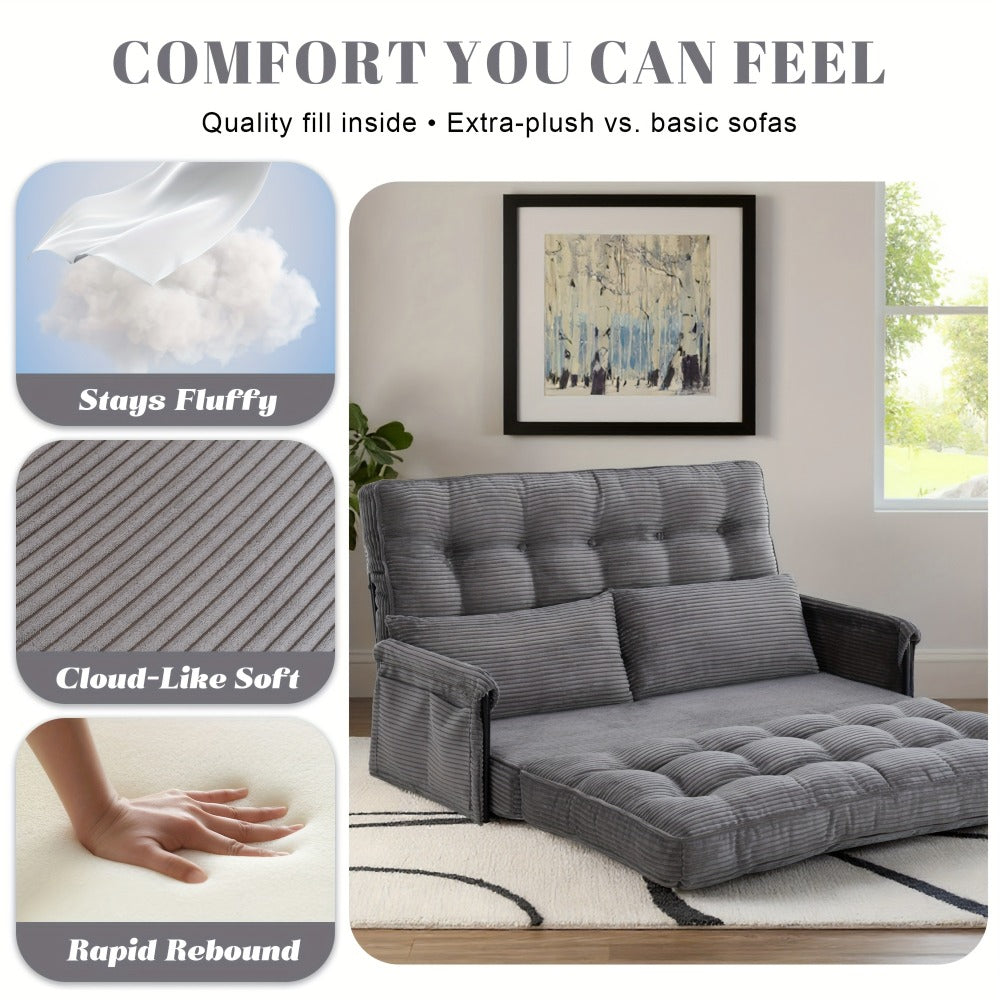 Wide Corduroy Sofa Bed with Fold-Out Lounger, Side Armrests and Five Color Options for Bedrooms