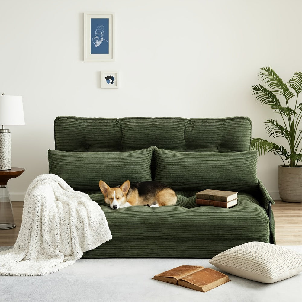 Wide Corduroy Sofa Bed with Fold-Out Lounger, Side Armrests and Five Color Options for Bedrooms