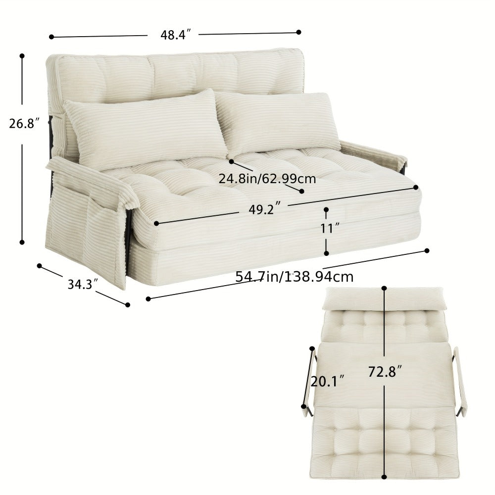Wide Corduroy Sofa Bed with Fold-Out Lounger, Side Armrests and Five Color Options for Bedrooms