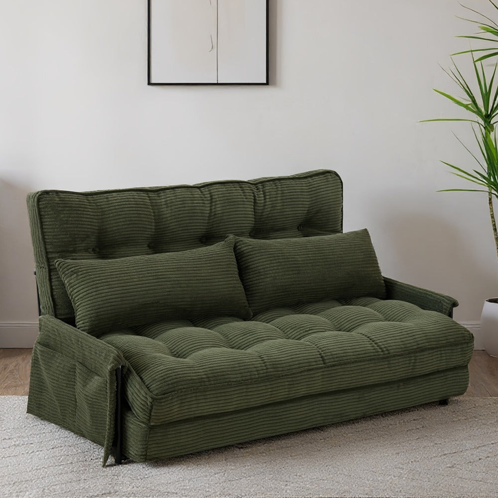 Wide Corduroy Sofa Bed with Fold-Out Lounger, Side Armrests and Five Color Options for Bedrooms