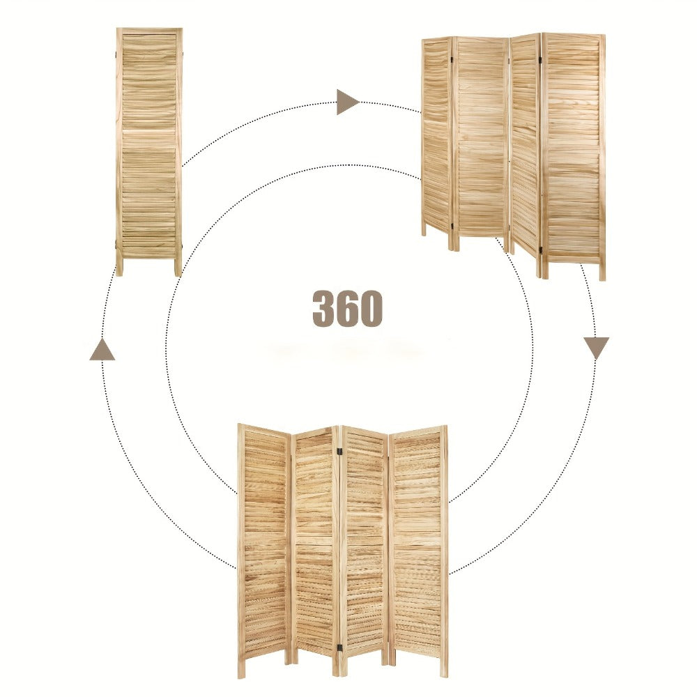 Four-Panel Room Divider with Horizontal Slats, Integrated Display Shelves and Three Wood-Tone Finishes