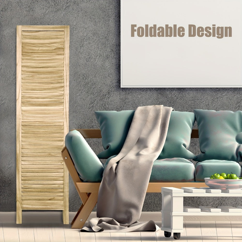Four-Panel Room Divider with Horizontal Slats, Integrated Display Shelves and Three Wood-Tone Finishes