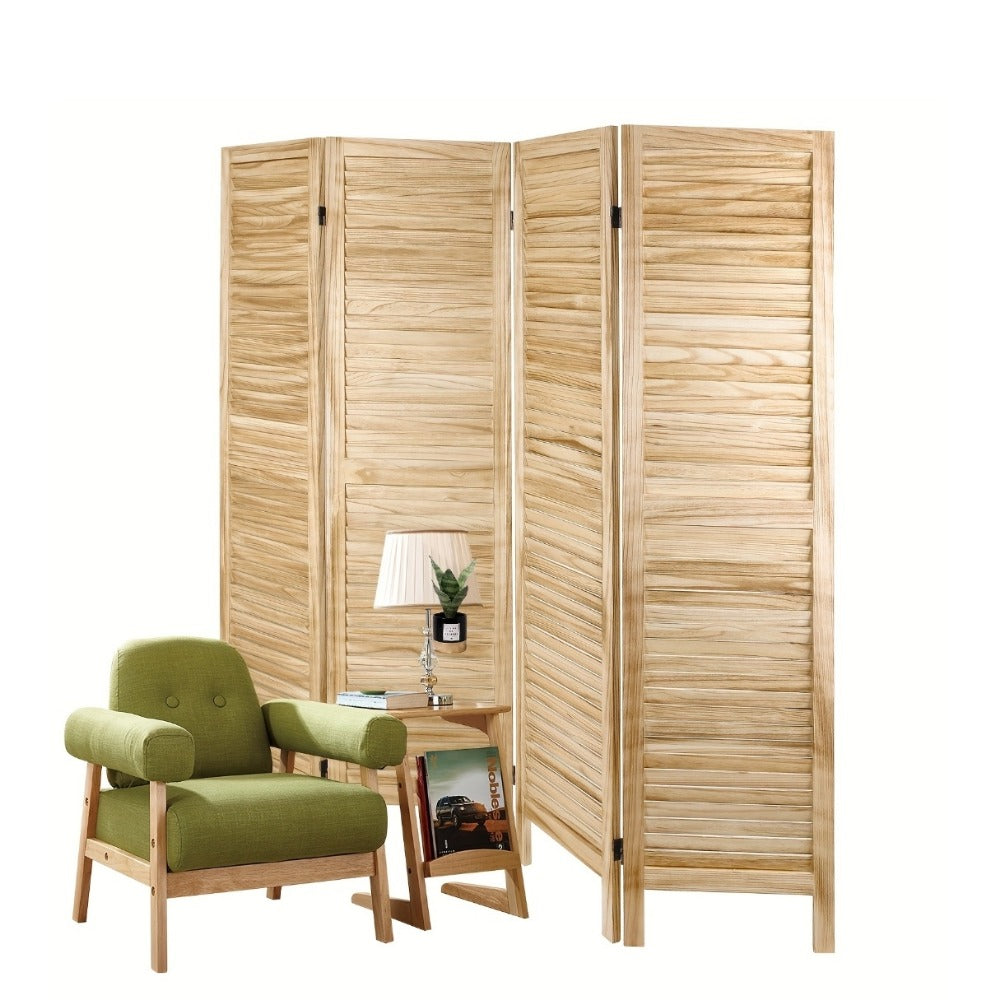 Four-Panel Room Divider with Horizontal Slats, Integrated Display Shelves and Three Wood-Tone Finishes