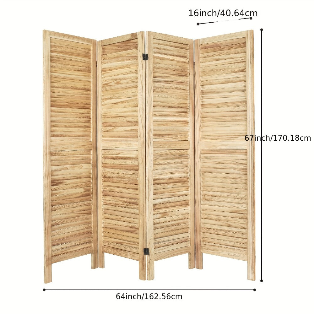 Four-Panel Room Divider with Horizontal Slats, Integrated Display Shelves and Three Wood-Tone Finishes