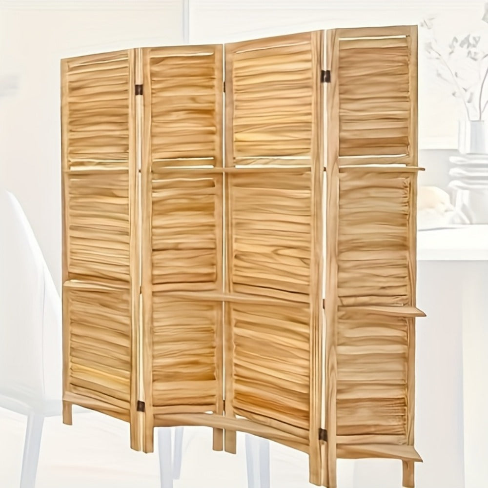 Four-Panel Room Divider with Horizontal Slats, Integrated Display Shelves and Three Wood-Tone Finishes