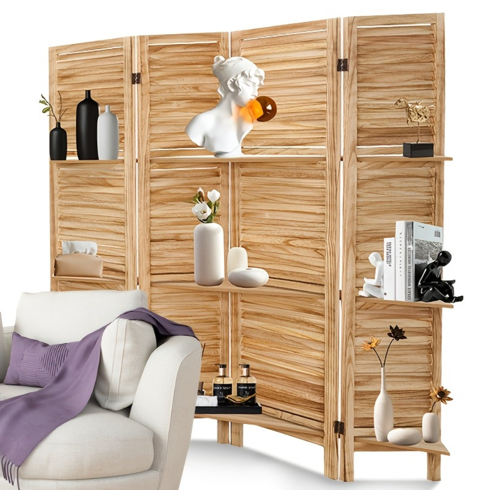 Four-Panel Room Divider with Horizontal Slats, Integrated Display Shelves and Three Wood-Tone Finishes