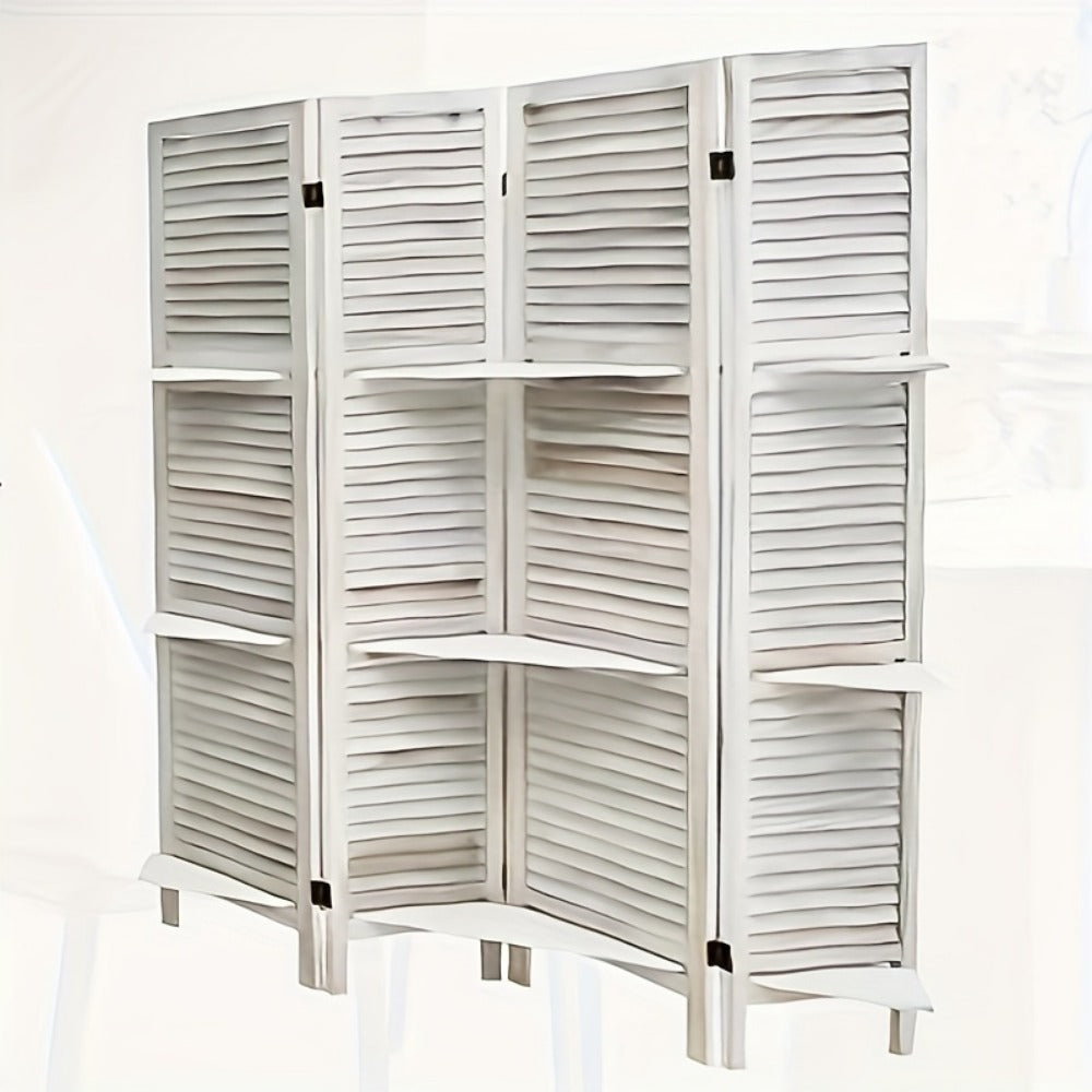Four-Panel Room Divider with Horizontal Slats, Integrated Display Shelves and Three Wood-Tone Finishes