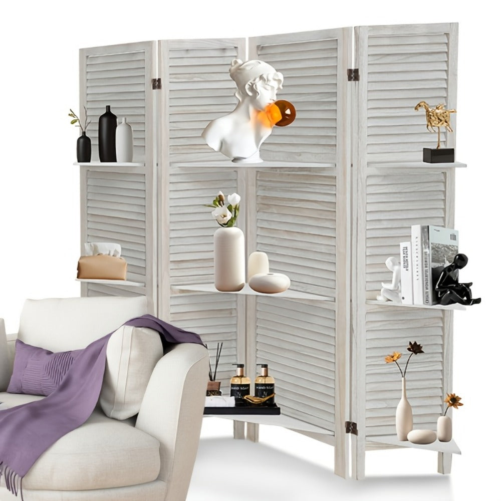 Four-Panel Room Divider with Horizontal Slats, Integrated Display Shelves and Three Wood-Tone Finishes