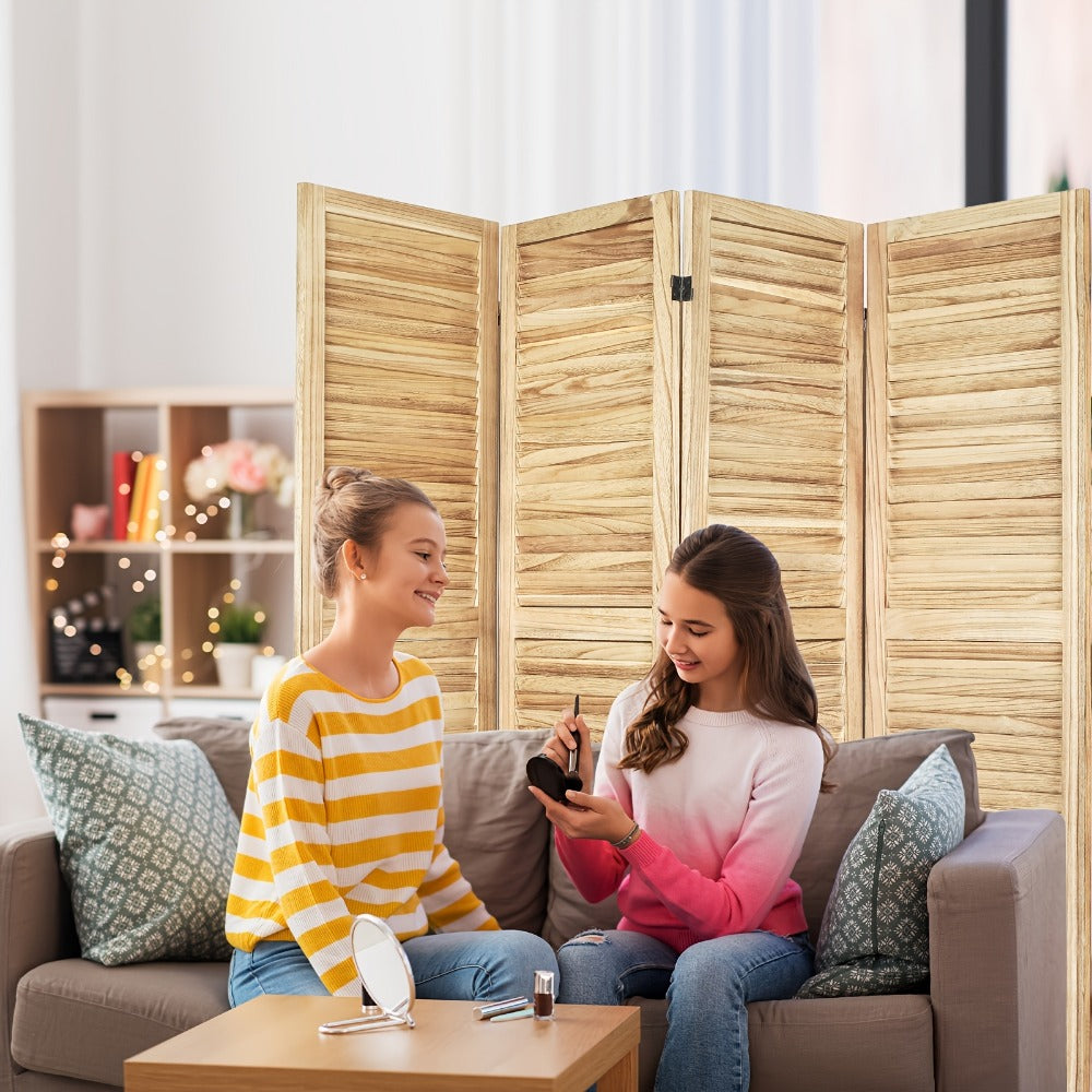 Four-Panel Room Divider with Horizontal Slats, Integrated Display Shelves and Three Wood-Tone Finishes