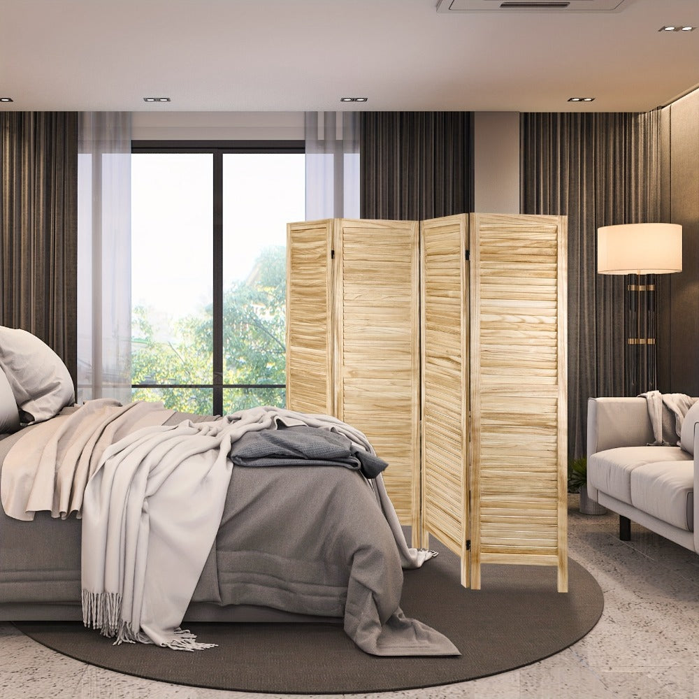 Four-Panel Room Divider with Horizontal Slats, Integrated Display Shelves and Three Wood-Tone Finishes