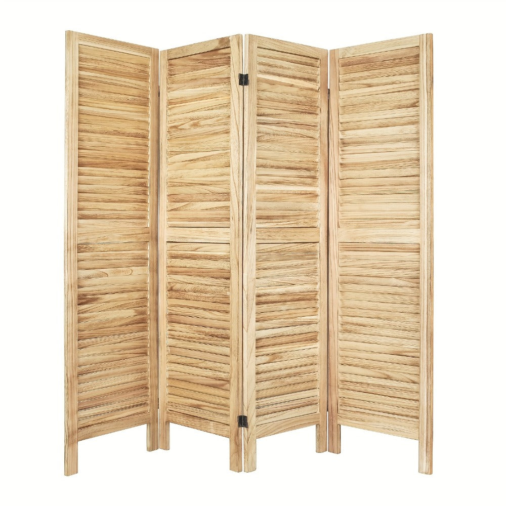 Four-Panel Room Divider with Horizontal Slats, Integrated Display Shelves and Three Wood-Tone Finishes