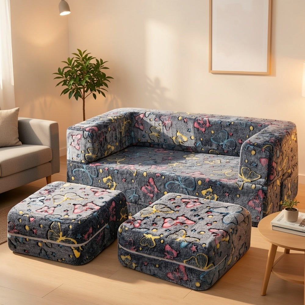 Plush-Covered Modular Kids Sofa Bed with Fold-Out Lounger, Two Ottomans and Seven Printed Options for Playrooms