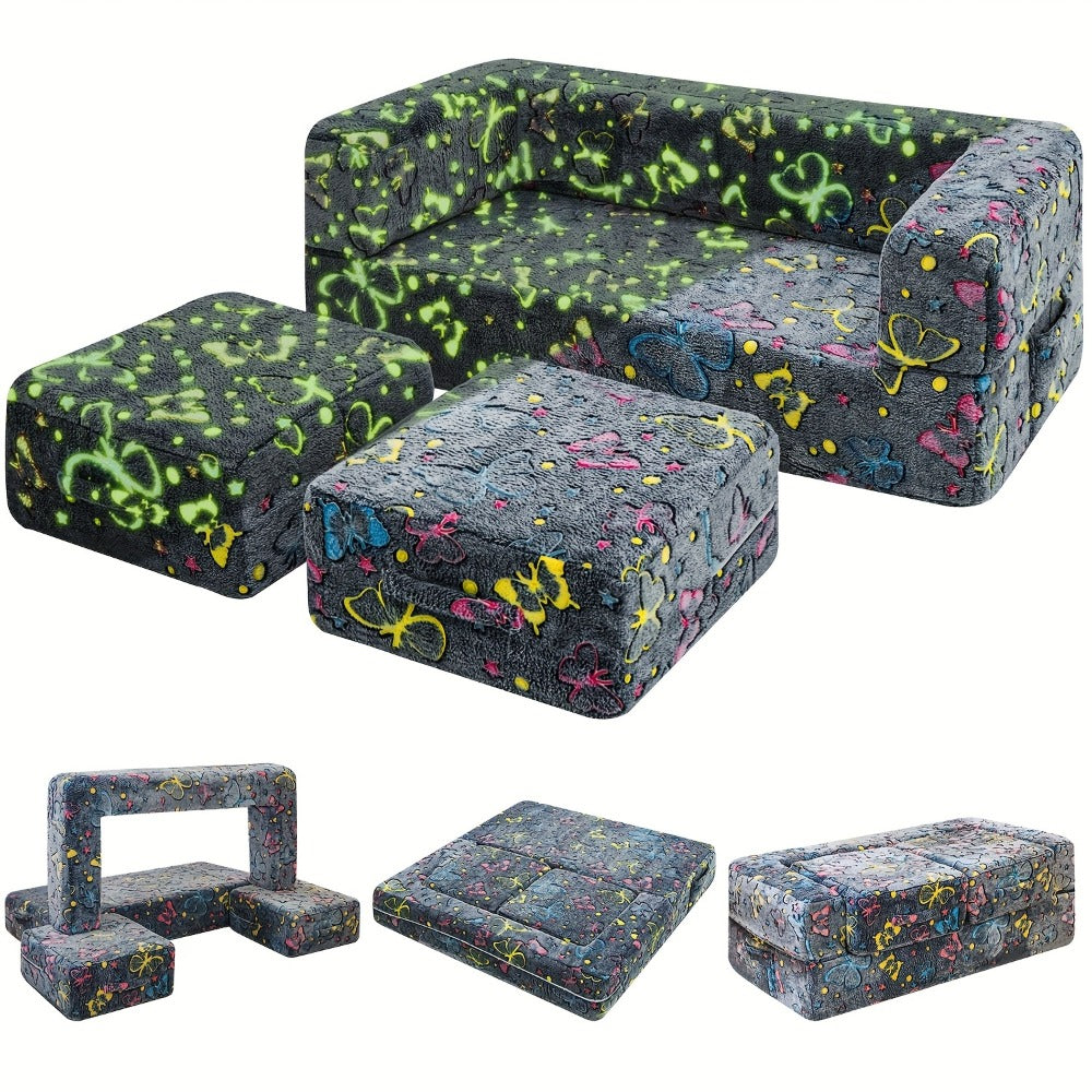 Plush-Covered Modular Kids Sofa Bed with Fold-Out Lounger, Two Ottomans and Seven Printed Options for Playrooms