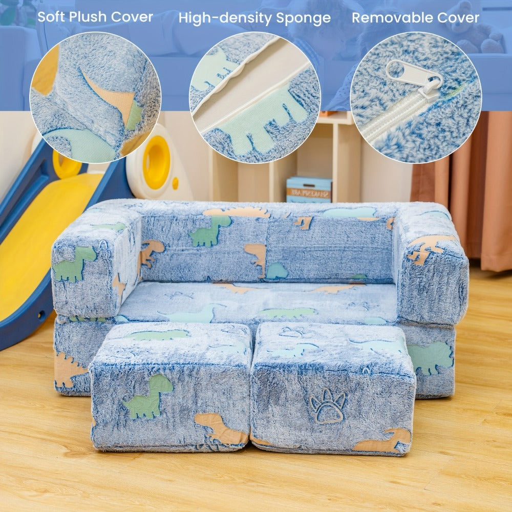 Plush-Covered Modular Kids Sofa Bed with Fold-Out Lounger, Two Ottomans and Seven Printed Options for Playrooms
