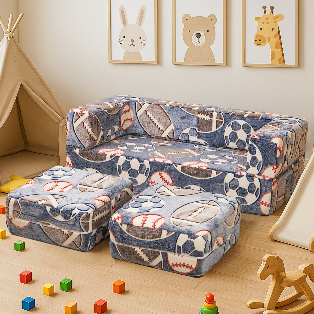 Plush-Covered Modular Kids Sofa Bed with Fold-Out Lounger, Two Ottomans and Seven Printed Options for Playrooms